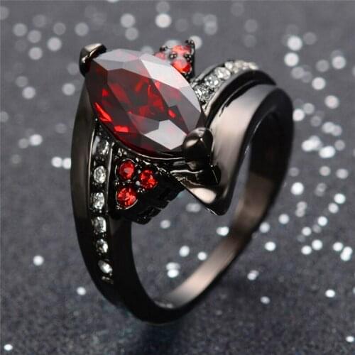 Luxury Female Red Crystal Jewelry Classic 14KT Black Gold Wedding Rings For Women Dainty Bride Leaf Zircon Engagement Ring
