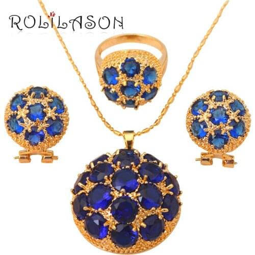 Luxury Round Blue Golden Crystal Jewelry Sets Earrings Necklace Ring sz #6.75 #7.75 #8.75 Fashion Jewelry JS131