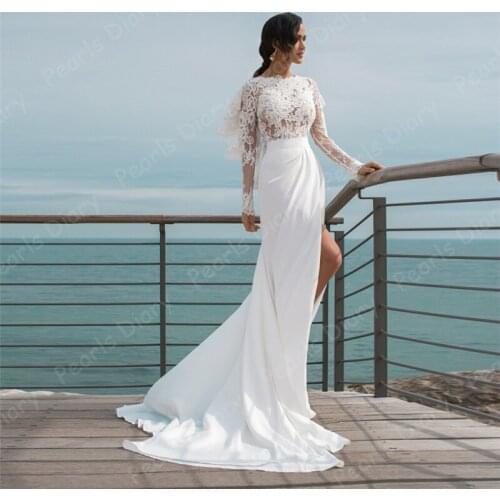 Sexy Mermaid Wedding Dresses Ruffles Lace Long Sleeves See-through Bridal Gowns Bride Dress Robe De Mariee Backless Beach 2021