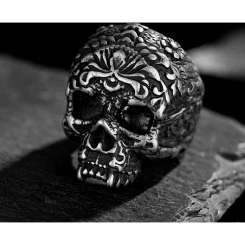 Unique Black Mens Flower Skull Ring 316L Stainless Steel Heavy Rings for Men Male Bijoux Punk Biker Fashion Party Jewelry