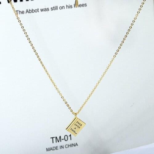 High quality yellow gold Square Shape Letter''Once upon a time ''Fairy Tale Books Necklace Creativity Fashion book Pendant