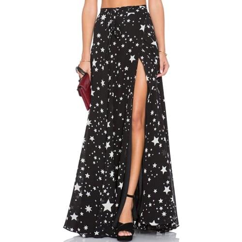 Black White Star Print Women Skirts High Waist Side Split Loose Streetwear Beach Slim Chiffon Skirts