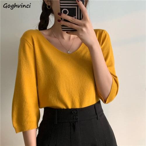 Women Half Sleeve T-shirts V-neck Solid Colorful Knitting Large Size Elegant Office Lady Simple Korean Style Females Soft Loose