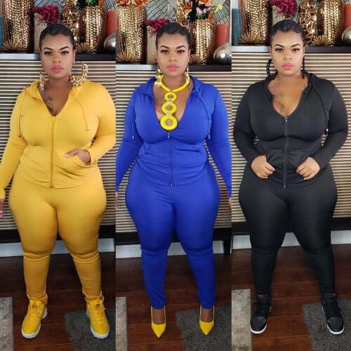 Plus Size Women Autumn Tracksuits Solid Candy Color Two Piece Sets Casual Hooded Zipper Coats High Waist Skinny Pants 2021