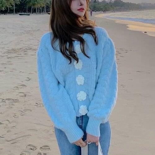 Winter Outing Casual Cardigan Coat Women Korean Floral Button Designer Knitted Kawaii Cardigan Female Autumn Blue Sweet Sweater