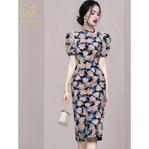H Han Queen New 2021 Summer Women Vintage Chic Floral Print Dresses Bead Work Business Office Party Bodycon Pencil Sheath Dress