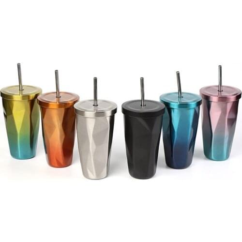 500ml/17oz Double Wall 304 Stainless Steel Coffee Bottle with Straw To Go Cold Beer Cup with Tumbler Insulated Auto Water Mugs