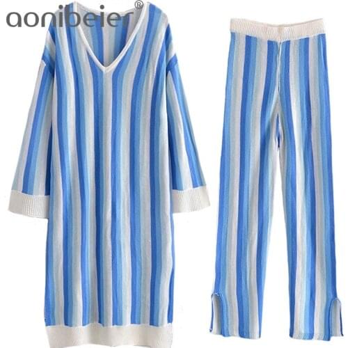 Aonibeier 2021 Za Autumn Woman Pants Suits Traf Long Midi Dress + Straight Trousers Casual Blue Striped Knitted 2 Piece Sets