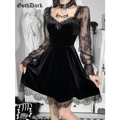 Goth Dark Velour Gothic Aesthetic Vintage Dresses Womens Lace Patchwork Grunge Black Dress Long Sleeve A-line Autumn Partywear