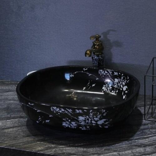 Jingdezhen factory directly art hand painted ceramic wash basin bowl sink black oval