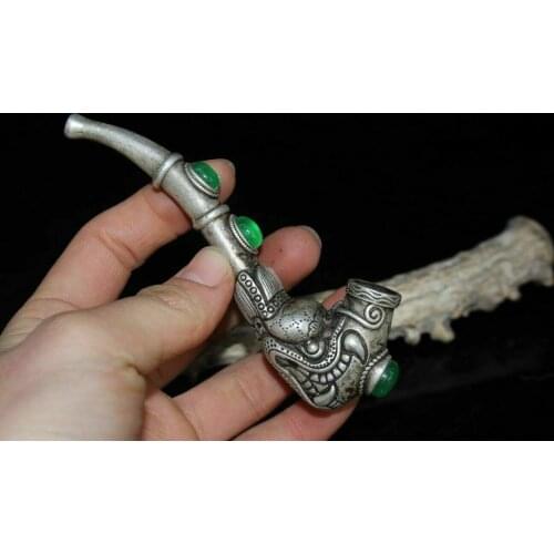 Chinese Old Tibet Silver & Green Jadeite Jade Vintage Dragon Head Sm0king Pipe s