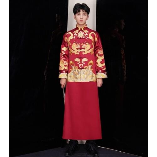 Red Groom Vintage Loose Cheongsam Traditional Chinese Wedding Gown Satin Qipao Embroidery Dragon Costume Vestido Oriental Mens