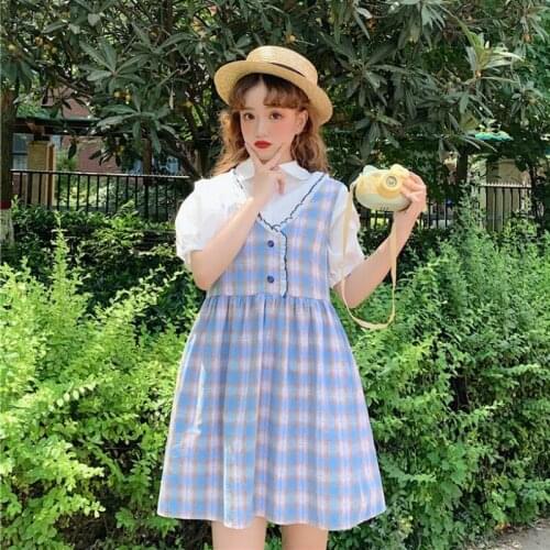 Japanese New Summer Blue Check Cute Ageing Tree Fungus-like Lacework Suspender Skirt College Loose Dress Women lolita dress