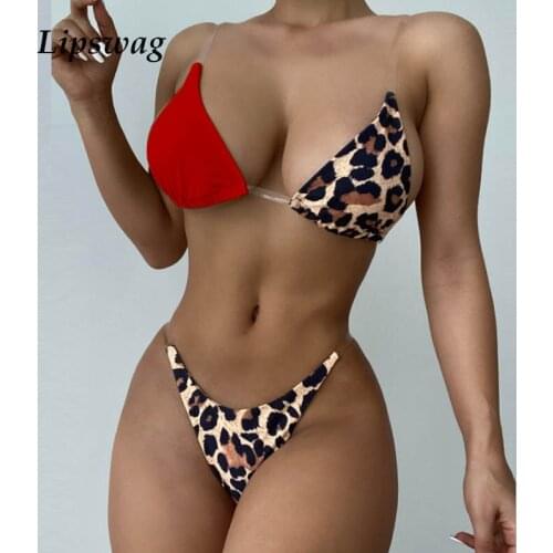 Sexy Leopard Splicing Two Piece Swimsuit 2021 Women Brazil Push Up Solid Color Bikini Backless Shoulder Beachwear Bathing Suit L