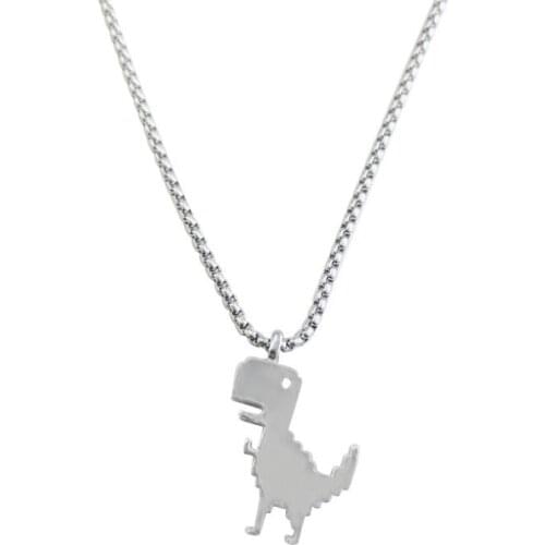 Hip Pop Pixel Games Dinosaur Pendant Necklace Cute Adorkable Cartoon Jewelry Design Silvery Accessories For Youngs Sweater Chain