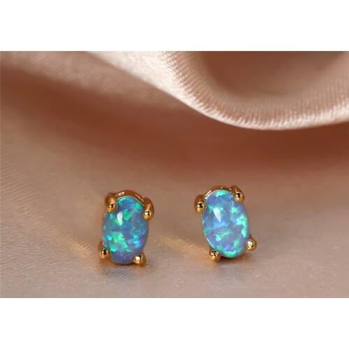 Boho Female White Blue Opal Stone Earring Black Rose Gold Color Small Stud Earrings For Women Trendy Bride Oval Wedding Earrings
