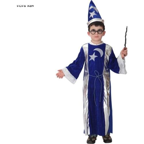 Blue Boys Halloween Costume Kids Children Magic Robe Magician Master Wizard Cosplay Carnival Purim parade Stage Play party dress
