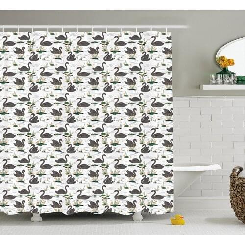 Swan Shower Curtain Grey Animals Swimming on a Lake with Plants Water Lilies and Cattails Calm Nature Waterproof Bath Curtains