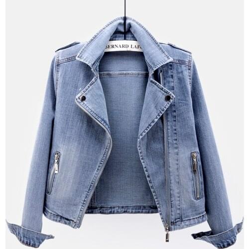 Stretch Denim Jacket Womens Short Blazers Coat 2021 Spring Autumn New Slim Suit Collar Long Sleeve Top Outerwear Cardigan Female