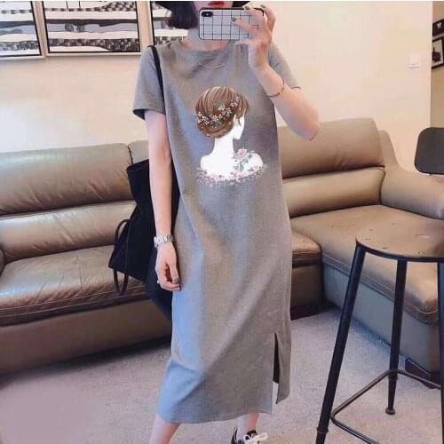Women Casual Printed Dresses Female Summer Fashion Split Ends Round Collar A-Line Mid-Calf Long T-Shirt Loose Dresses AA352