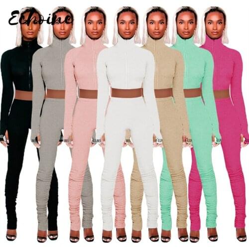 Womens Set Long Sleeve Zipper Up Crop Tops Stacked Bellbottom Pants Suit Sport Tracksuit Two Piece Set Solid Color Outfits