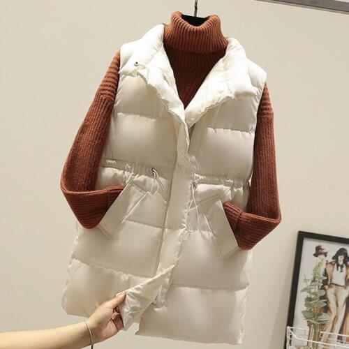 Waist drawstring New 2020 Fashion Slim Fit Long Vest Women Thicken Cotton Padded Winter Vest Sleeveless Jacket Women Waistcoat