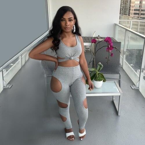 Echoine Summer Sleeveless Crop Top Pants Set Hollow Out Hole Tracksuit Women Two Piece Set Sexy Skinny Sportwear Party Ckubwear