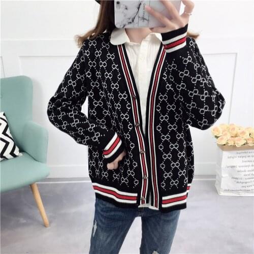 Women Sweater Luxury Design Knitted Cardigan Coat Wholesale Winter Plaid Stripe Loose Soft Female New Long Sleeve Knitwear