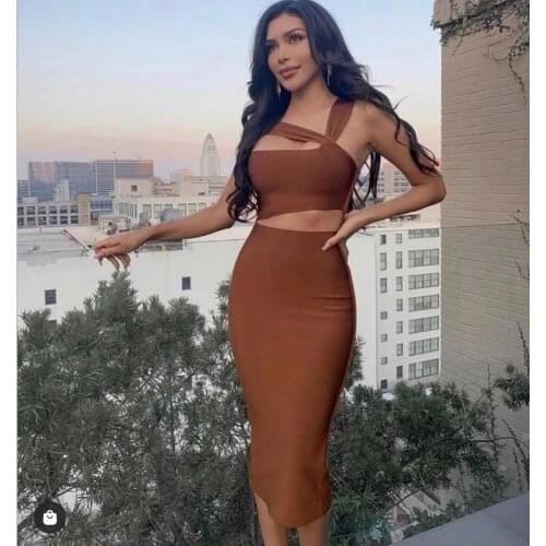 Celebrity Bandage Dress s Sexy Sleeveless One Shoulder Hollow Out Bodycon Knee Length Dress 2020 Vintage Elegant Femal Evening P