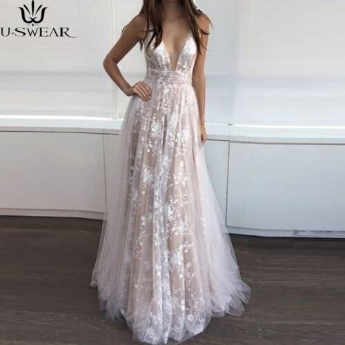 U-SWEAR Sexy Women Deep V Neck Floral Perspective Spaghetti Strap Ball Gown Party Full Length Long Maxi Dress Vestidos De Fies