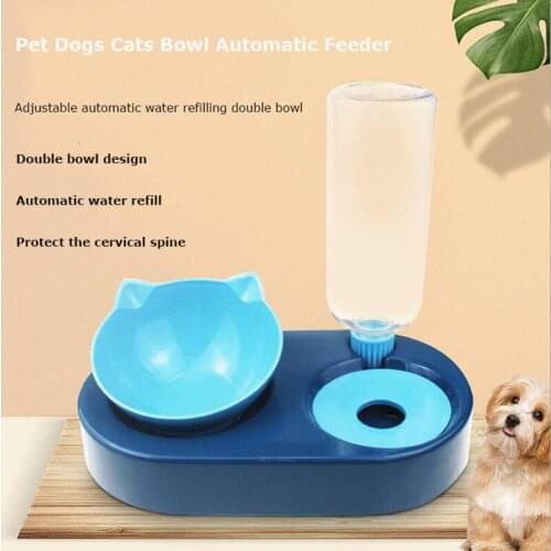Pet Dogs Cats Bowl Automatic Feeder Dog Cat Food Bowl With Water Fountain Double Bowl Drinking Raised Stand Dish Bowls For Cats