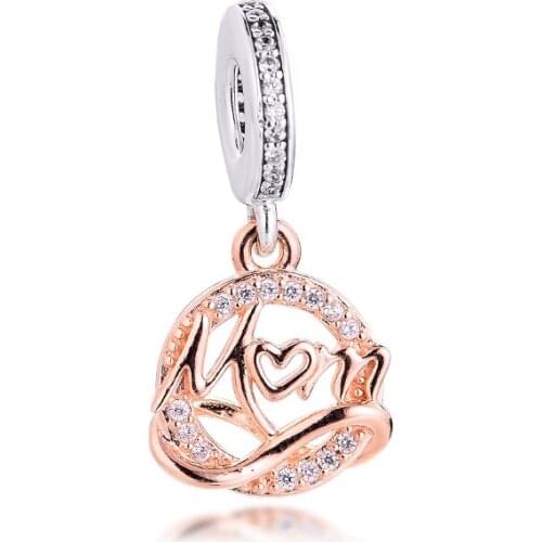 Two-tone Mum Dangle Charms 925 Sterling Silver CZ Beads for Jewelry Making Fits Pandora Bracelet DIY Gift Mothers Day 2021
