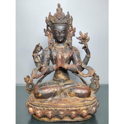 13"Chinese Folk Collection Old Bronze Cinnabar Lacquer Four-armed Guanyin Bodhisattva Sitting Buddha Ornaments Town House