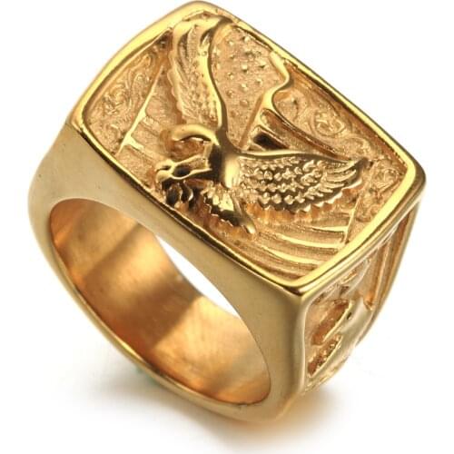 Classic Retro 316L Stainless Steel American Soldier Eagle Ring Punk Domineering Mens Gold Plated Ring Party Anniversary Jewelry