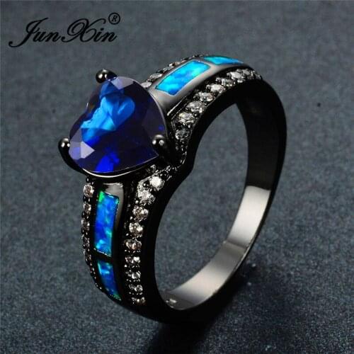 JUNXIN Gorgeous Black Gold Filled Blue AAA Zircon Birthstone Wedding Jewelry Fashion Blue Fire Opal Heart Rings For Men Women