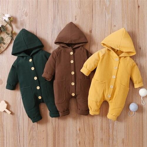 0-18 Months Unisex Baby Casual Long Sleeve Jumpsuit Autumn Newborn Toddler Boys Girls Solid Color Button Down Hooded Romper