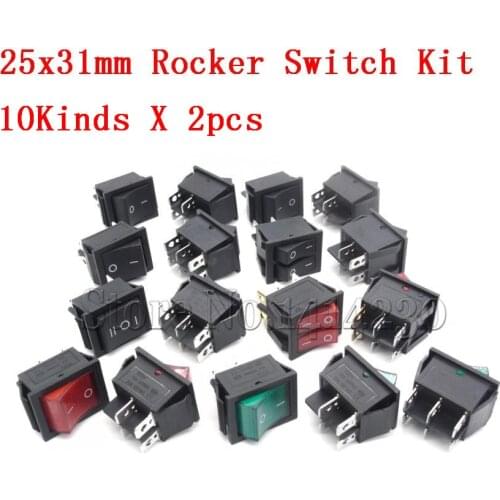 20Pcs Rocker Power Switch Kit 25*31mm KCD4-201 4 Pin 6 Pin 2 / 3 Position 16A 250V 20A 125VAC Green Red Black Button with Light