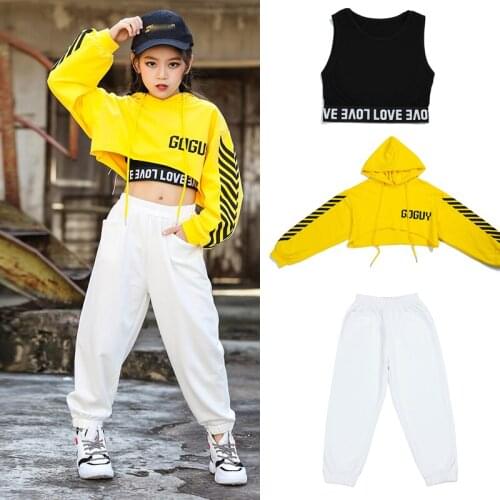 New Jazz Performance Costumes Yellow Hoodie Top White Pants Hip Hop Dancing Clothes Girls Street Dance Performance Wear DN7996