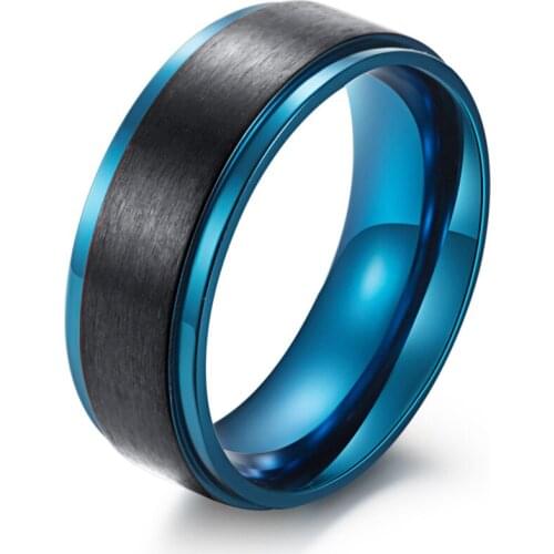 Matte Titanium Steel Black & Blue Ring Brushed Mens Ring Party Accessories Male Wedding Band Usa Size