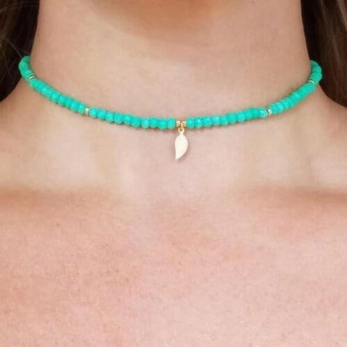 Fashion Simple Lake Blue Crystal Bead Necklace Gold-color Leaf Pendant Jewelry 2020 New Design Short Necklace кулоны для Colier