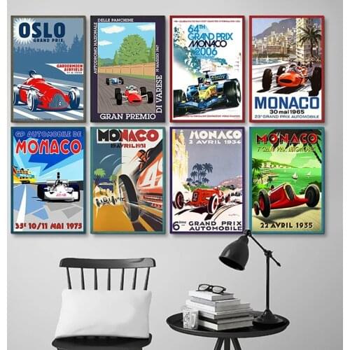 Monaco Race Car Poster Grand Prix Super Retro Wall Art Canvas Mural Room Decoration Painting