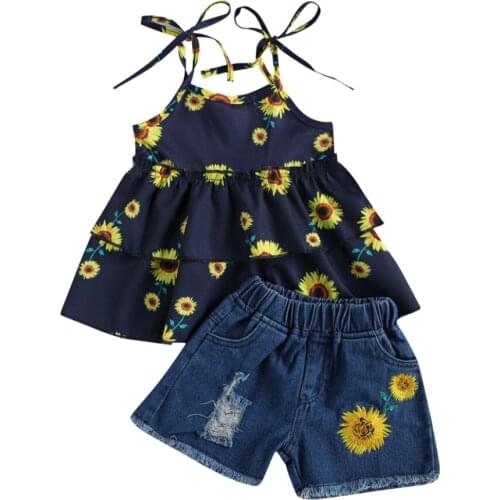 New Casual Baby Girl Sunflowers Print Clothes Toddler Kid Sleeveless Tops Denim Shorts Summer Outfits Sets 1-5 Years