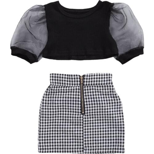 1-6Y Kids Girl Sets Clothing Summer Fashion Mesh Puff Sleeve Crop Tops+Mini Plaids Skirts 2Pcs Child Girl Outfits 2020 New