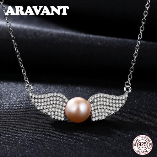 Freshwater Pearl 925 Sterling Silver Angel Wing Pendant Necklace For Women Pearl Necklace Fine Jewelry
