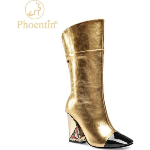 Phoentin Luxury Brand Mid-Calf Boots 2020 Womens Runway Show High Heels Shoes plus size 33-43 Gold Square Toe Boot FT1208