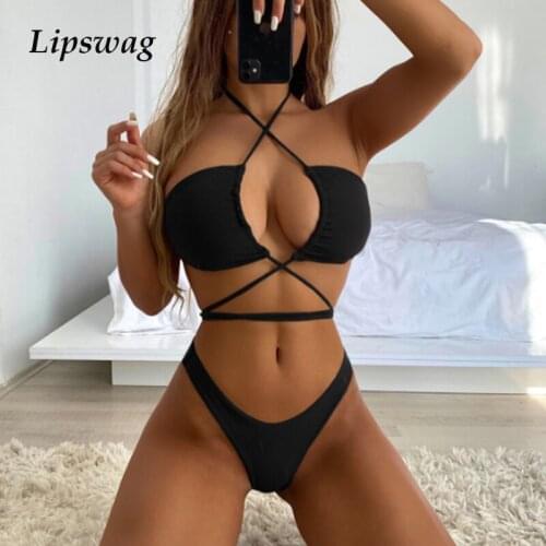 Sexy Solid Color Two Piece Swimsuit Bikini 2021 Push Up Deep V Hollow Women Cross Bandage Swimwear Thong Beachwear Bathing Suit