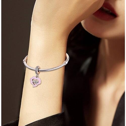 Fandola 925 Sterling Silver Mom Love Charms,Pink Enamel Fits Bracelet Charms for Jewelry Making Pendant Necklace Daughter Gift