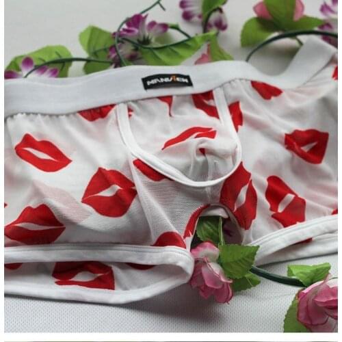 Lip Prints Sexy Mens Underwear Transparent Mesh Breathable Men Boxers