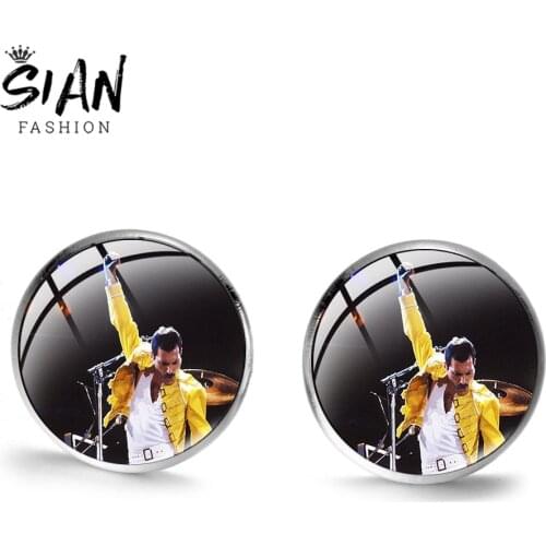 SIAN Classic Famous Music Singer Print Earrings Freddie Mercury Rock Star Fashion Glass Dome Handmade Earrings Souvenir Jewelry