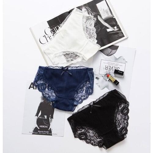 Cute Sexy Lace Side Transparent Low-waist Girl Briefs with Bow Pleated Fashion and Comfortable Cotton Bottom White Translucent